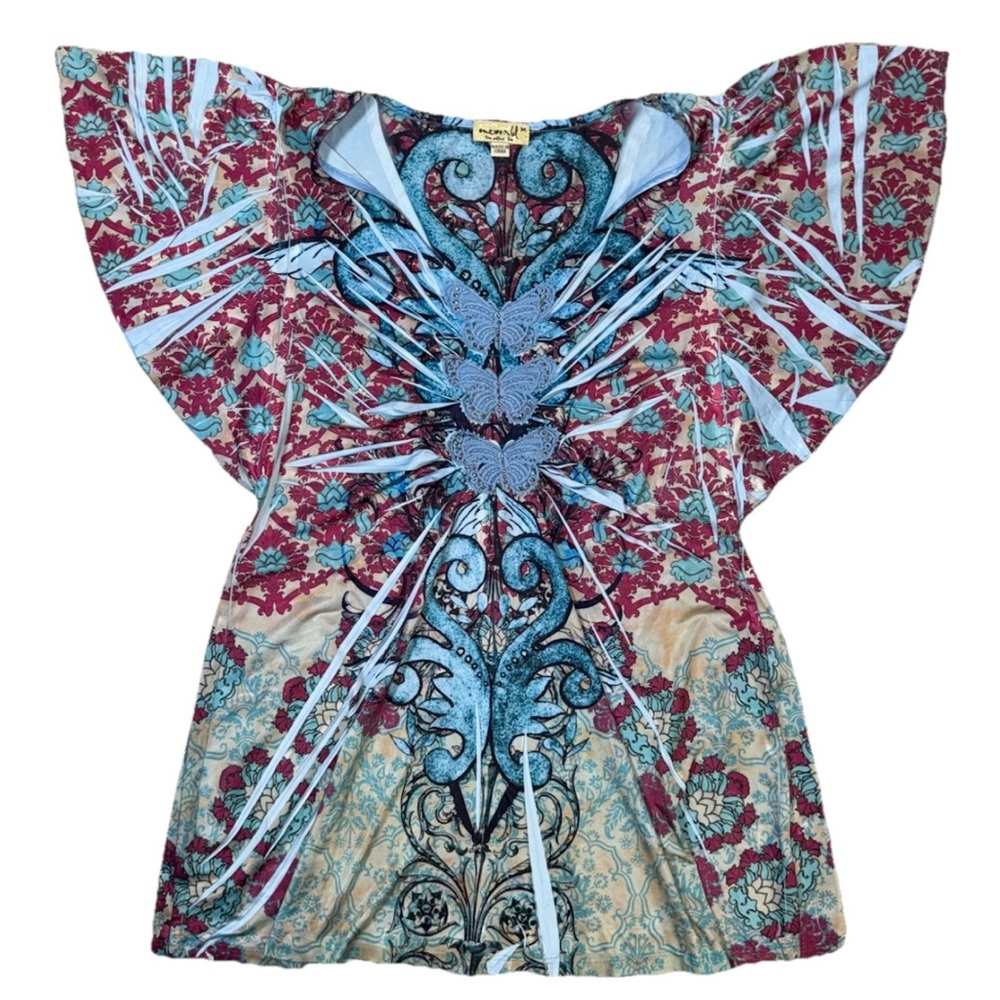 One World Women’s‎ Butterfly Top Medium Blue Boho Y2K Fairycore Rhinestone